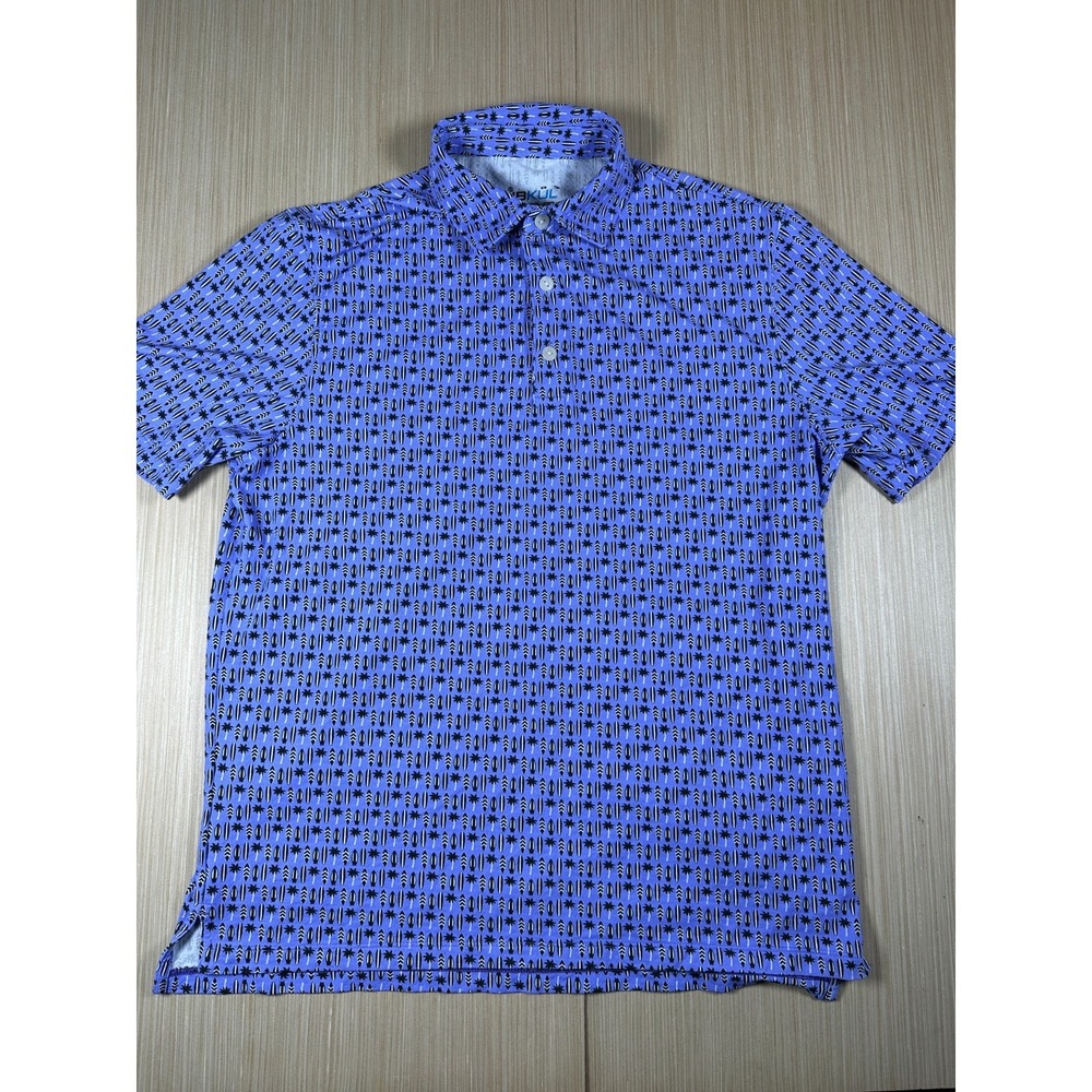 IBKUL Golf Polo Shirt Mens M Blue Palm Tree Print Quick Dry UPF 50+‎ Modern Fit